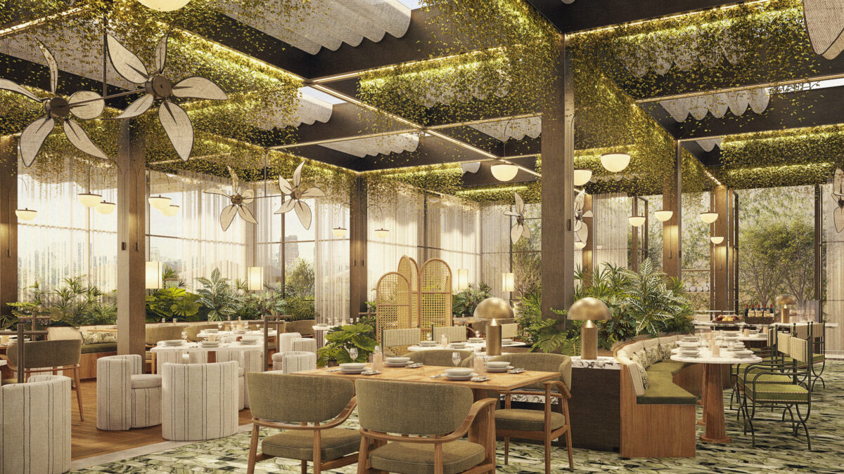 Rendering of an upscale hotel restaurant with greenery-covered ceiling, fans, and patterned green flooring.