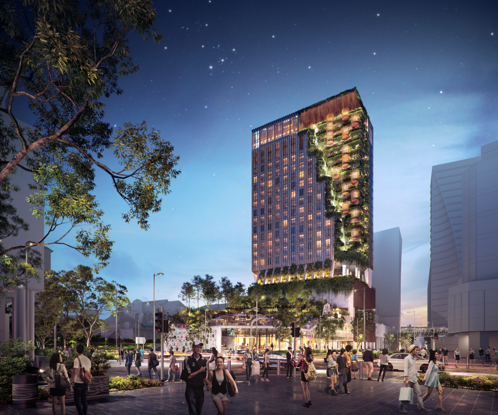Rendering of a tall building covered in greenery lit up at night with people walking on the plaza below.