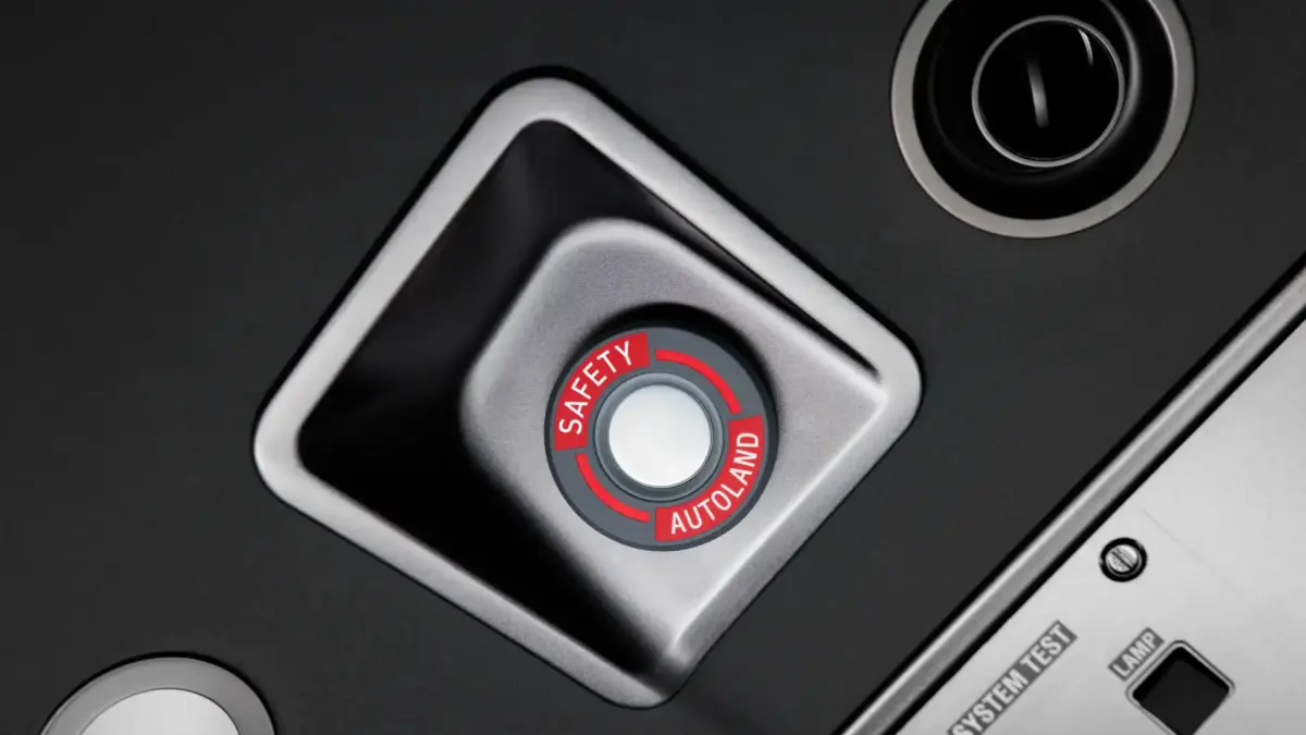 Close-up of a cockpit control panel with a red and grey button labeled Safety Autoland.