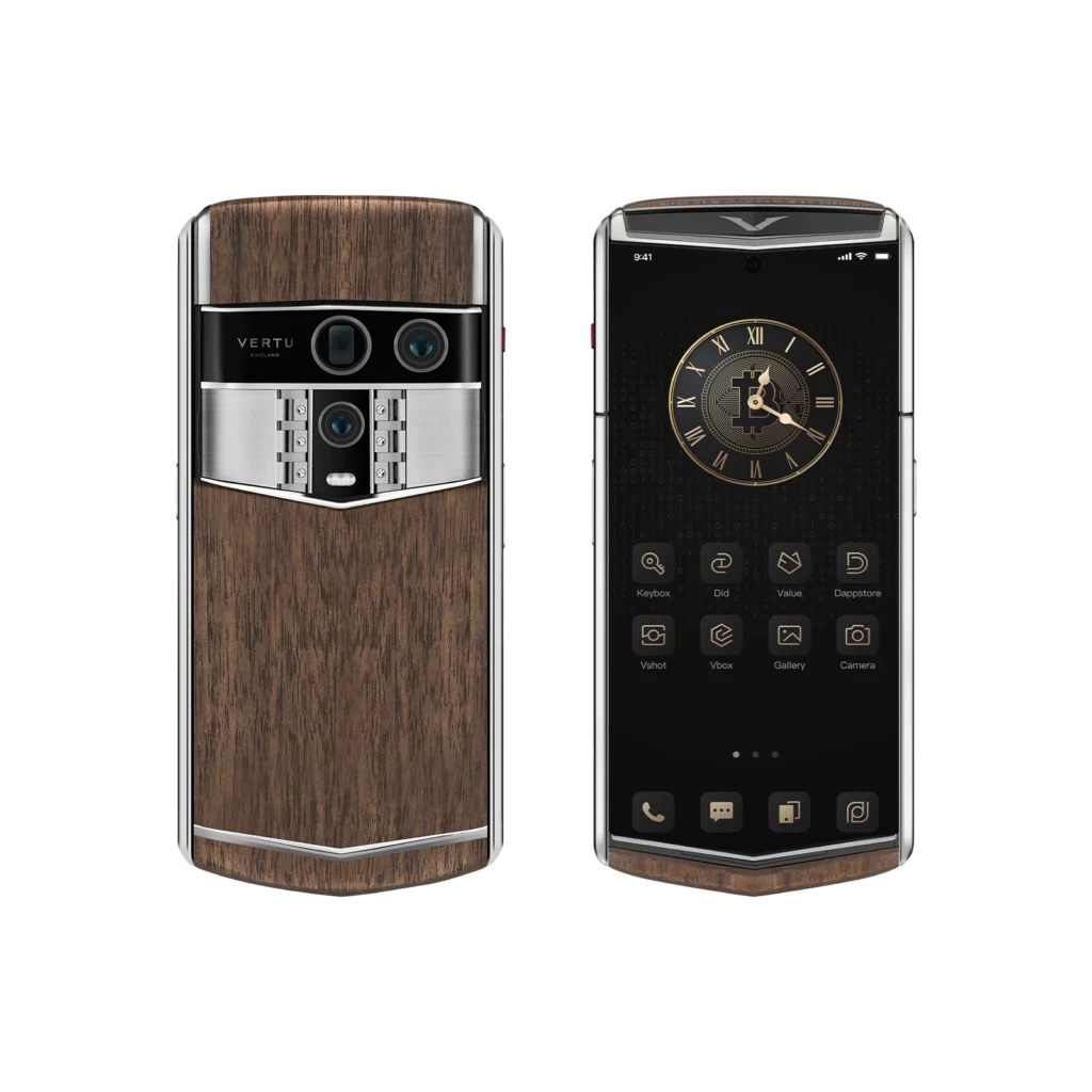 Front and back views of a Vertu Agent Q smartphone with a solid walnut wood back panel and metallic camera module.