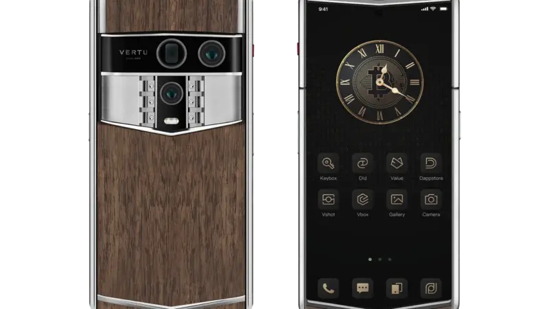 Front and back views of a walnut-finished Vertu smartphone with dual rear cameras and a gold-accented clock screen.