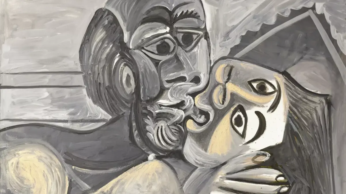 A cubist-style painting depicting two figures embracing, rendered mainly in grey tones.
