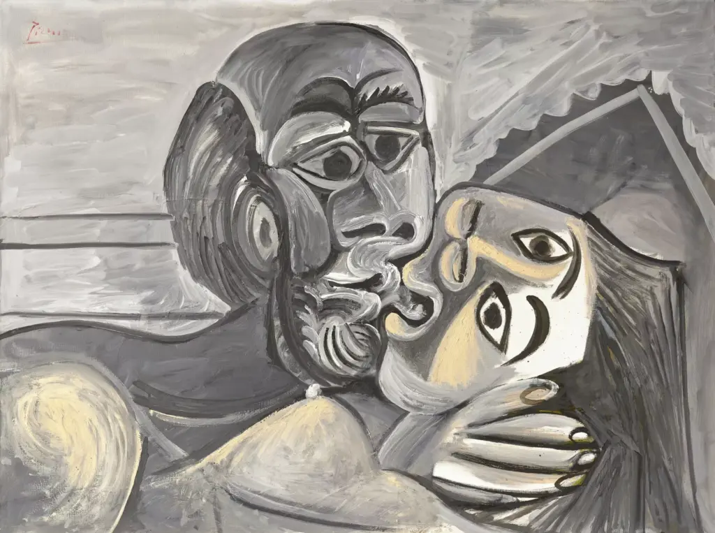 A cubist-style painting depicting a man and woman embracing, signed Picasso in the corner.
