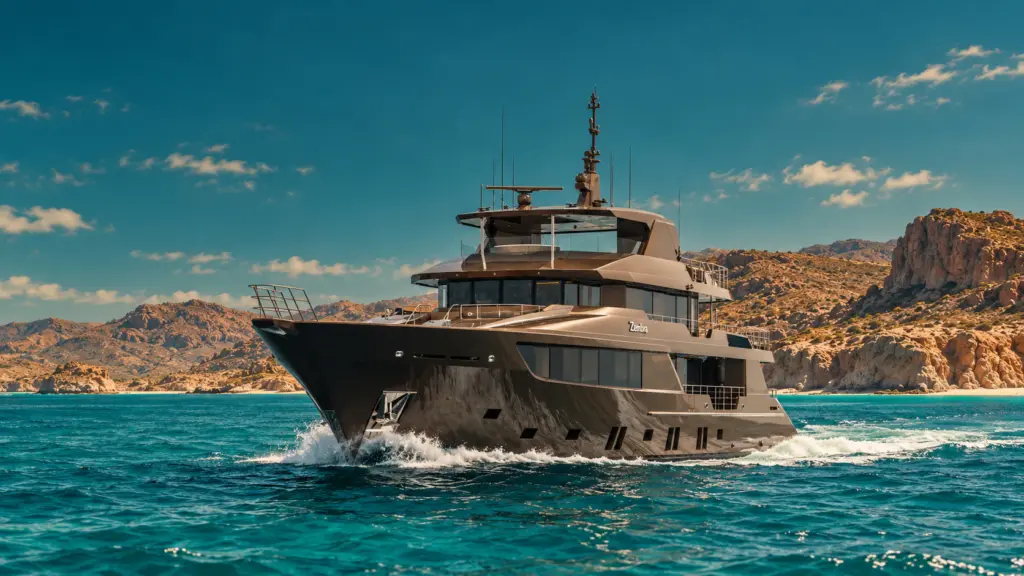 A dark-hulled expedition yacht named Zembra cruises through turquoise water near a rocky coastline.