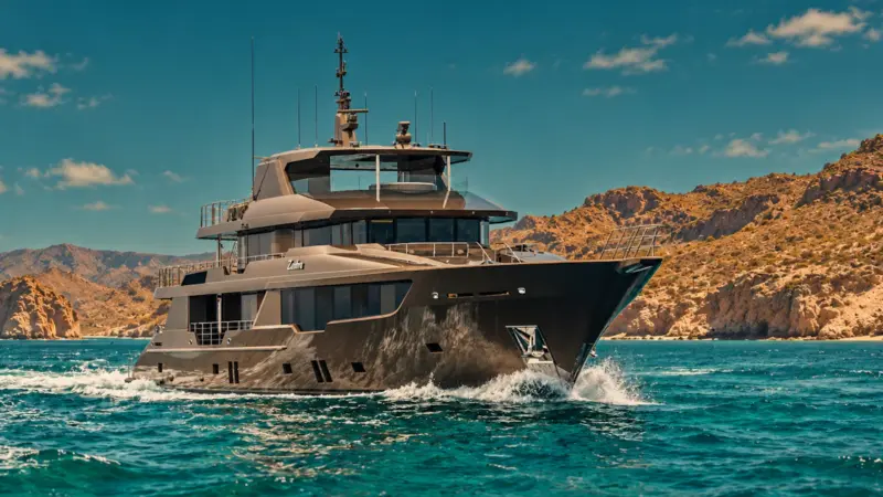 A dark-hulled expedition yacht named Zembra cruising through blue water near rocky coastal hills.