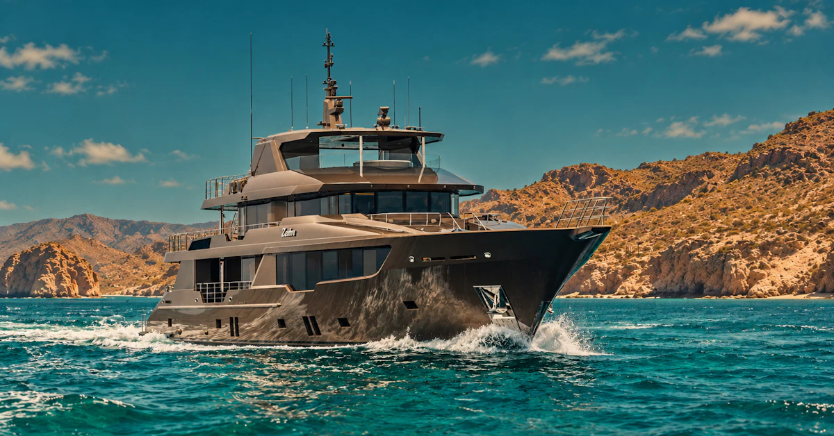 A dark-hulled expedition yacht named Zembra cruising through blue water near rocky coastal hills.