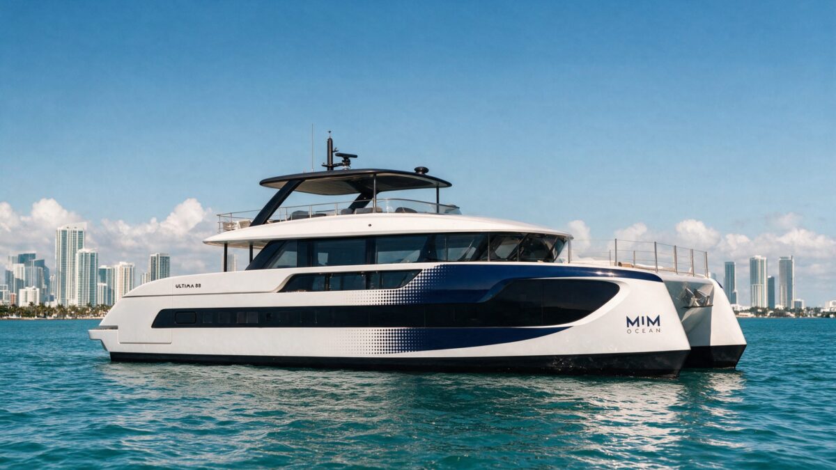 A white and dark blue Ultima 88 catamaran with 'MIM Ocean' branding floats on calm water with a city skyline behind it.