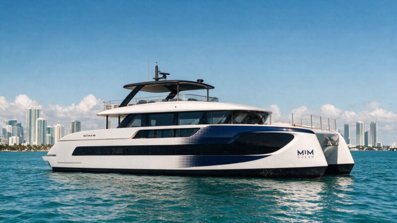 A white and dark blue Ultima 88 catamaran with 'MIM Ocean' branding floats on calm water with a city skyline behind it.