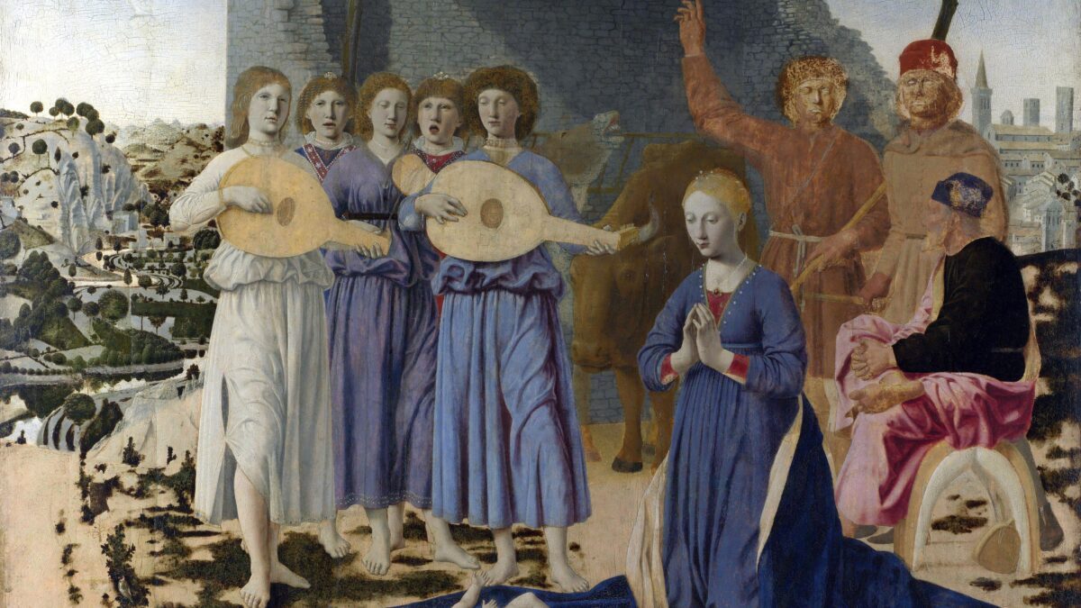 Piero della Francesca's painting of the Nativity, showing the Virgin Mary kneeling before the infant Christ with singing angels.