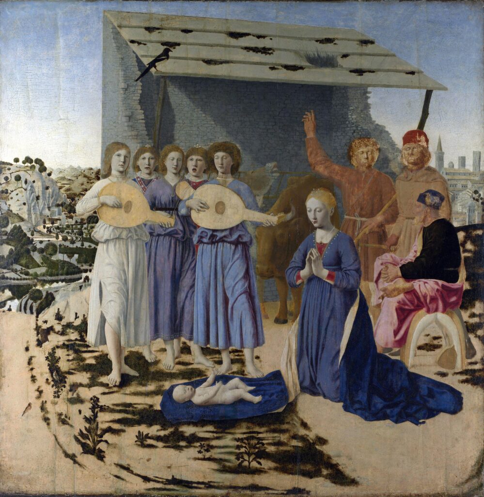 Piero della Francesca's painting of the Nativity, showing the Virgin Mary kneeling before the infant Christ with singing angels.