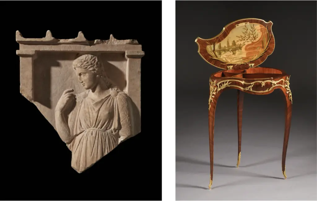 Side-by-side images of an ancient marble relief of a draped woman and an ornate marquetry side table with gilt bronze mounts.