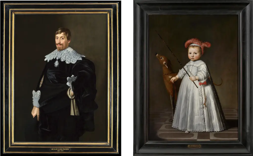 Two framed 17th-century oil portraits, one of a man in a lace collar and one of a child with a dog, shown side by side.