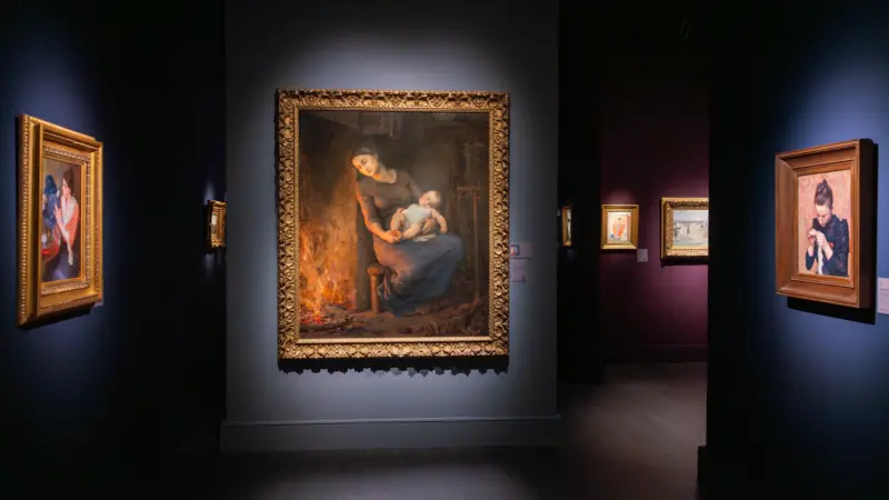 A gallery hallway with illuminated framed paintings, including a central portrait of a woman holding an infant by a fireplace.