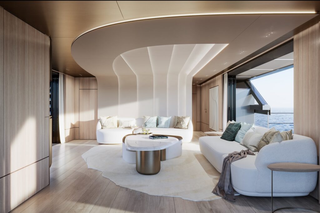 Rendering of a yacht saloon with white sofas, a marble coffee table, and a sea view through large windows.