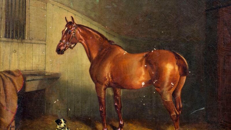 Oil painting of a chestnut horse in a stable with a small dog sitting beside it.